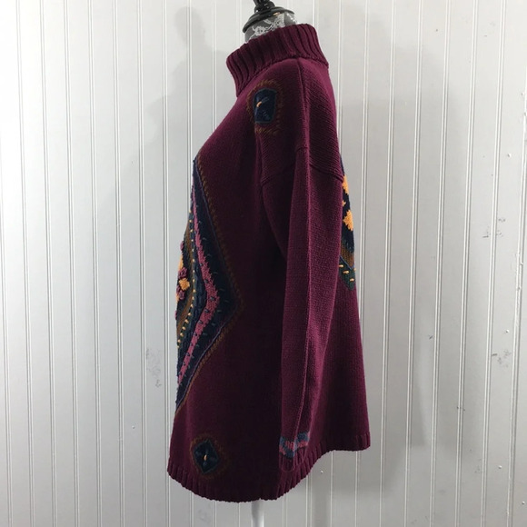 Pasta Vintage Maroon Chunky Knit Turtleneck Sweater Womens Medium Diamond Floral - Picture 4 of 12